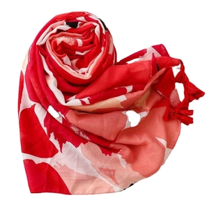 Bohemian red floral cotton-linen scarf with elegant fringe tassels and soft texture
