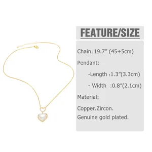 Detailed size specifications for heart pendant necklace with gold chain and white pearl