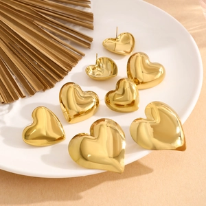 Minimalist 18K gold plated 3D heart stud earrings set in various sizes for women