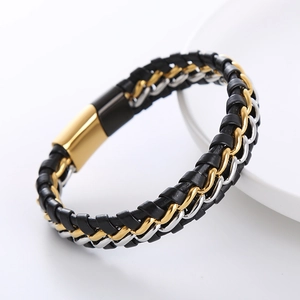 Men's multi-layer braided leather bracelet with stainless steel chains and magnetic clasp