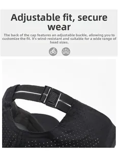Detail of adjustable strap with plastic buckle and breathable mesh fabric on sport cap