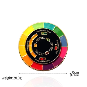 Detail view of a 5cm rotating color wheel enamel pin showing color relationships and terms