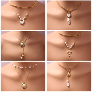 Elegant Layered Necklace 18K Gold Plated Stainless Steel With Faux Artificial Pearl Heart Cross Pendant Vintage Jewelry For Women
