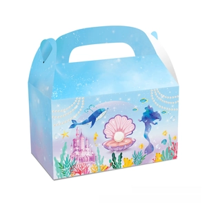 Detail view of mermaid theme gift box with sea shells and pearl ocean illustrations