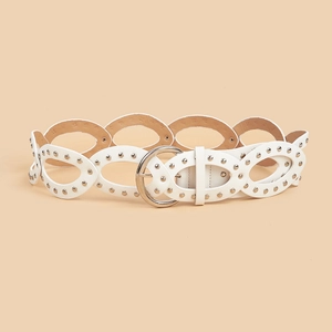 White vintage PU leather belt with silver hollow ovals and metal O-ring buckle