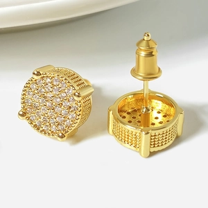Retro round gold plated stud earrings with pave set zircon crystals for women