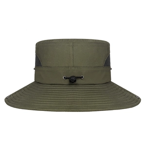 Olive green outdoor sun hat with breathable mesh and adjustable chin strap for hiking