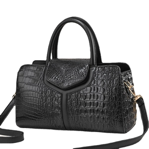 Classic black crocodile pattern Boston handbag with golden hardware and Y-shaped panel