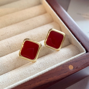 Square Stud Earrings Red Enamel Alloy Gold Plated With Silver Earring Post Retro Minimalist Daily Jewelry For Women