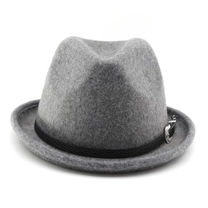 Classic dark grey wool felt fedora hat with black leather band and silver buckle detail