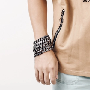 Men's multilayered stainless steel chain bracelet featuring vintage floral engravings