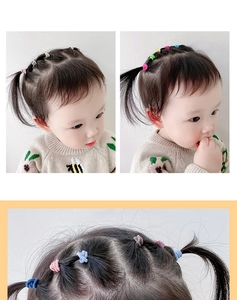 Close-up of colorful small hair ties on child model showing front and side hairstyles