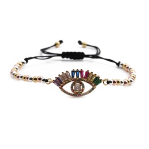 Bohemian evil eye bracelet with colorful cubic zirconia and adjustable black woven cord