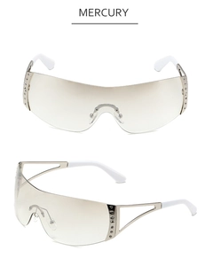 Detail of Y2K rimless sunglasses showing silver star accents and crystal decoration