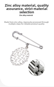 Detail of silver zinc alloy brooch pendant with oval lace pattern and safety pin