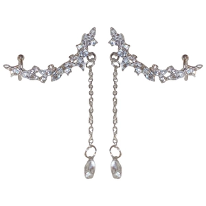 Silver needle waterdrop tassel earrings with crystal ear bone clip for women