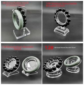 Detailed views of four clear acrylic bracelet stands showing curved and circular designs