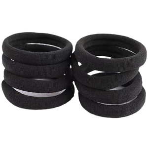 Detailed close up of black seamless hair ties, featuring high elasticity towel bands.