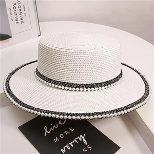 Summer straw boater hat with pearl ribbon for women, wide brim sun protection beach cap