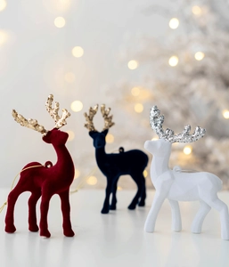 Three festive Christmas deer ornaments with velvet flocking, glitter antlers and hanging loops