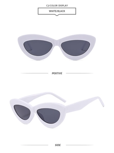Vues détaillées montrant les angles de face et de côté des lunettes de soleil œil-de-chat blanches