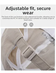Detail of adjustable plastic strap and breathable mesh lining on khaki sun hat