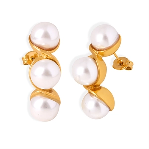 French style twisted titanium earrings with triple pearl inlay and golden finish
