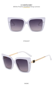 Front and side views of large white square sunglasses with gradient grey lenses