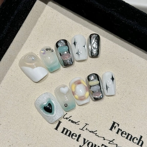 Handmade 3D Heart Star Metallic False Nails Short Trapezoid Press On Nails Full Cover French Style For Women Girls Jewelry