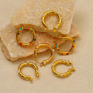 18k Gold Plated Stainless Steel Hoop Earrings With Faux Artificial Pearl And Colorful Rhinestone Vintage Style For Women