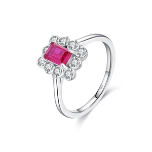 Classic S925 sterling silver ring featuring a radiant square red gemstone halo design