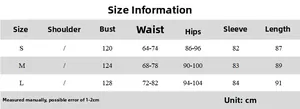 Detailed size chart for the pleated chiffon dress showing measurements in centimeters