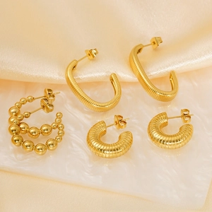 Detailed set of three textured 18K gold-plated stainless steel geometric hoop earrings