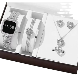 6pcs silver heart jewelry set with digital watch, bracelet, necklace and earrings