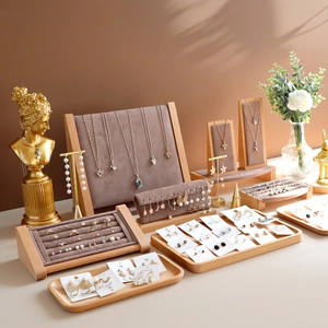 Velvet jewelry display set for necklaces, rings and bracelets with solid wood base