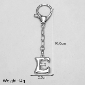 Detail showing 18k gold plated bubble letter E keychain with measurement 10cm and lobster clasp