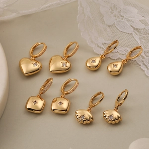 Boucles D'oreilles Pendantes En Cuivre Plaqué Or Pour Femmes Géométrique Cœur Carré Coquille Zirconium Vintage