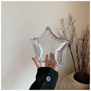 Detail of transparent star-shaped acrylic crossbody bag with silver metal chain strap
