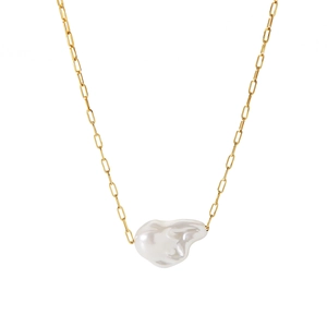 Baroque pearl pendant on an 18K gold-plated stainless steel rectangle link chain necklace