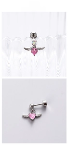 Detail of pink zircon heart earrings with silver angel wings and titanium steel screw flat back