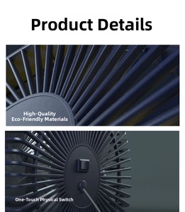 Detail of blue desk fan with eco-friendly mesh cover and physical one-button power switch