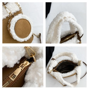 Detailed views of faux shearling and suede bucket bag showing texture and golden hardware