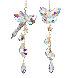 Detail of crystal dragonfly and butterfly suncatchers with iridescent faceted glass beads