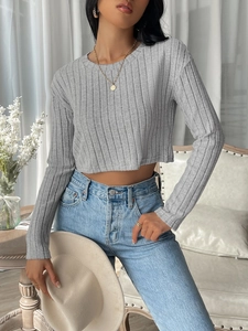 Women Rib Knit Cropped Top Long Sleeve Round Neck Solid Color Slim Fit Casual Pullover Navel Exposed Basic Tee Grey