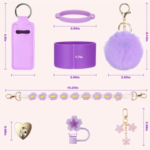 Purple 8-piece Stanley cup accessory set with size labels and floral silicone charms