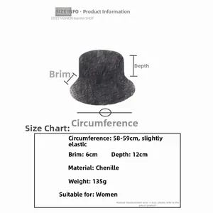Detailed size chart for chenille bucket hat with dimensions in centimeters