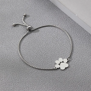 Adjustable silver stainless steel box chain bracelet featuring a cute pet paw pendant