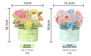 Detailed size comparison and weight specs of 3D pop-up floral greeting cards with gold foil