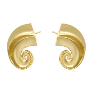 Matte gold spiral C-shaped stud earrings with a 3D vortex swirl design on white background