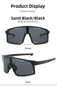 Detail view of matte black square cycling sunglasses from front and side angles